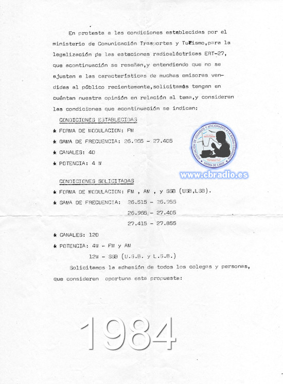 Documento reivindicativo de mejoras para la CB tras su legalización en 1983.